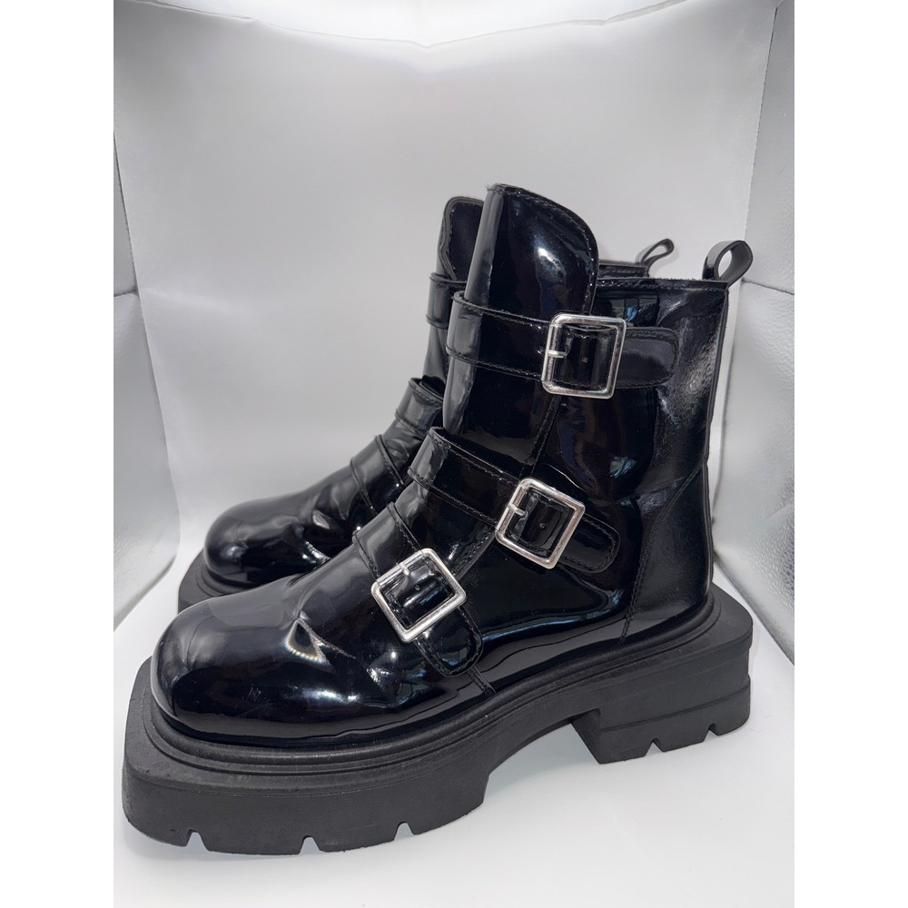 Y2K Black Patent Chunky Platform Lug Sole Buckle Boots Cyber Goth Alt Punk W 8.5
